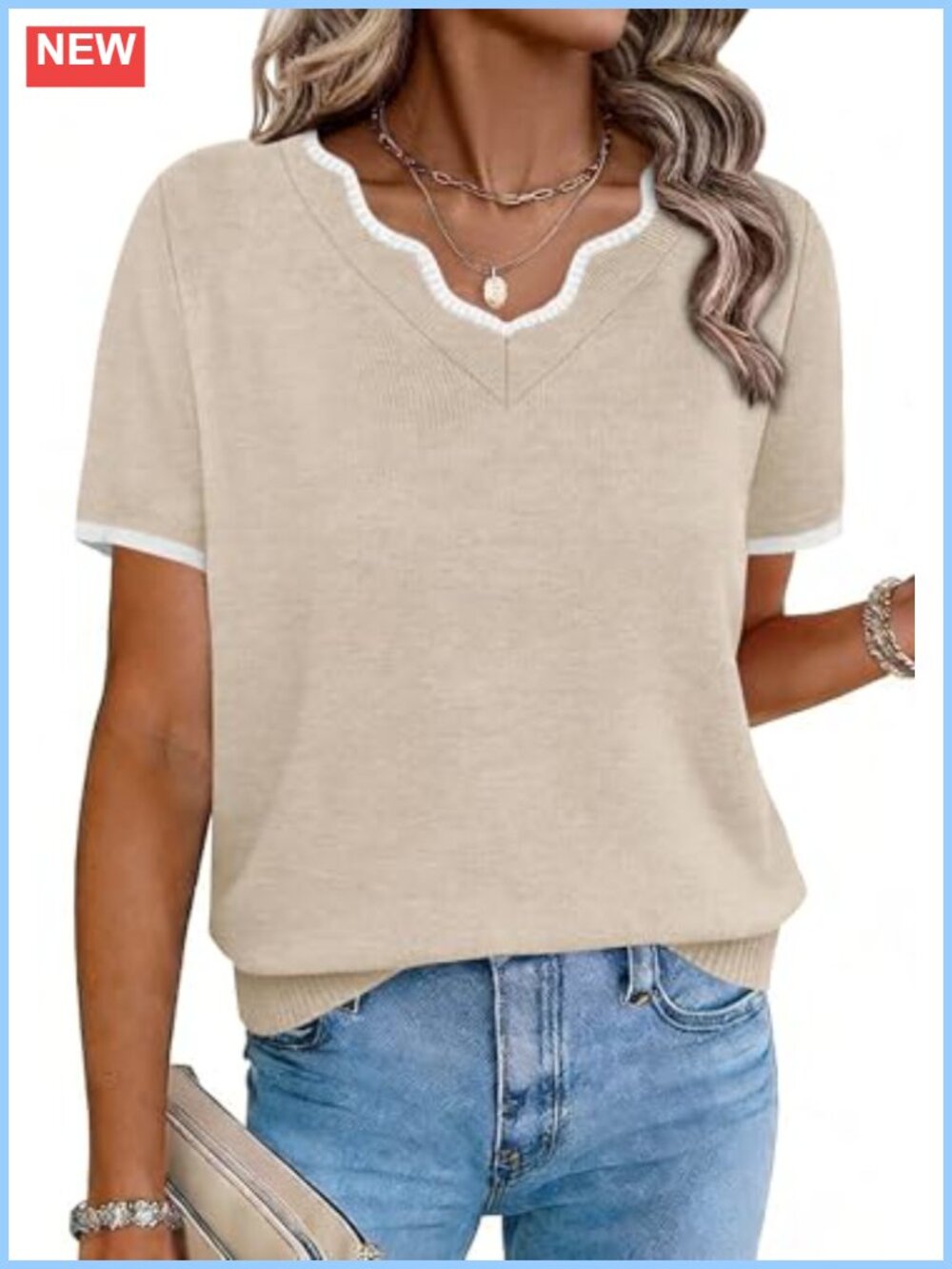 Women's V-Neck Knit Pullover Lightweight Short Sleeve Top